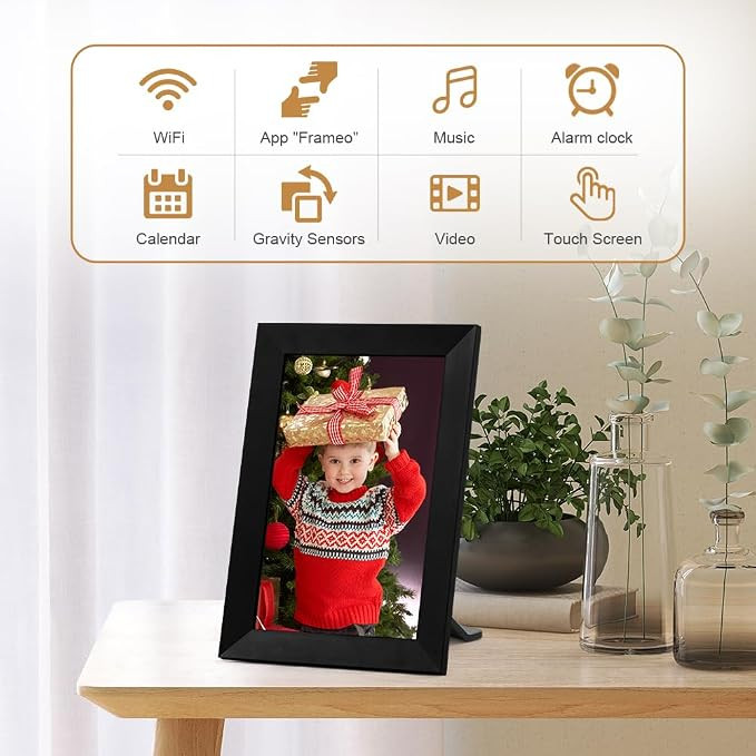 قاب عکس دیجیتال وایفای Vicloon با صفحه نمایش ۱۰.۱ اینچی لمسی HD IPS، قابلیت چرخش خودکار و امکان نصب روی دیوار؛ دارای حافظه ۳۲ گیگابایتی و قابلیت اشتراکگذاری آسان عکس و ویدیو از طریق اپلیکیشن Frameo.