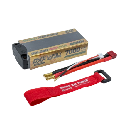 باتری لیپو DXF مدل GOLDEN NGP Plus، دو سل (2S)، ولتاژ ۷.۶ ولت، ظرفیت ۷۰۰۰ میلیآمپر ساعت، نرخ تخلیه 140C، سایز متوسط