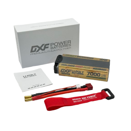 باتری لیپو DXF مدل GOLDEN NGP Plus، دو سل (2S)، ولتاژ ۷.۶ ولت، ظرفیت ۷۰۰۰ میلیآمپر ساعت، نرخ تخلیه 140C، سایز متوسط