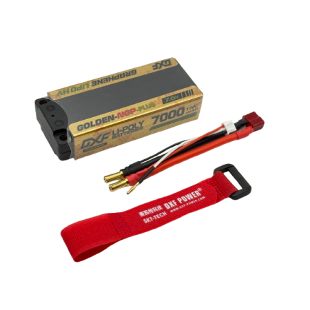 باتری لیپو DXF مدل GOLDEN NGP Plus، دو سل (2S)، ولتاژ ۷.۶ ولت، ظرفیت ۷۰۰۰ میلیآمپر ساعت، نرخ تخلیه 140C، سایز متوسط