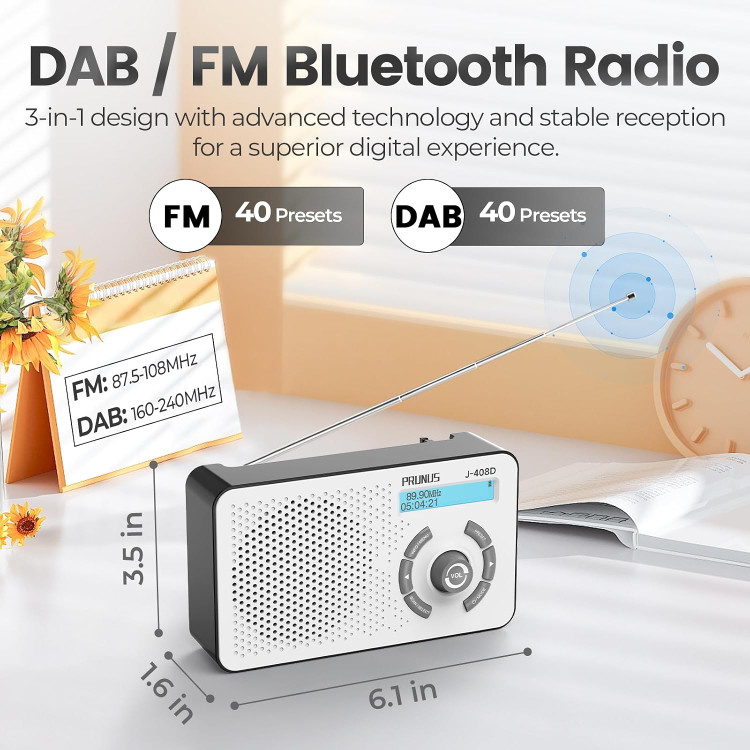 خرید رادیو قابل حمل PRUNUS J-408 | رادیو دیجیتال DAB+/FM و بلوتوث با باتری ۲۰۰۰ میلیآمپر