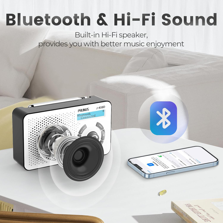 خرید رادیو قابل حمل PRUNUS J-408 | رادیو دیجیتال DAB+/FM و بلوتوث با باتری ۲۰۰۰ میلیآمپر