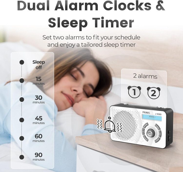 خرید رادیو قابل حمل PRUNUS J-408 | رادیو دیجیتال DAB+/FM و بلوتوث با باتری ۲۰۰۰ میلیآمپر