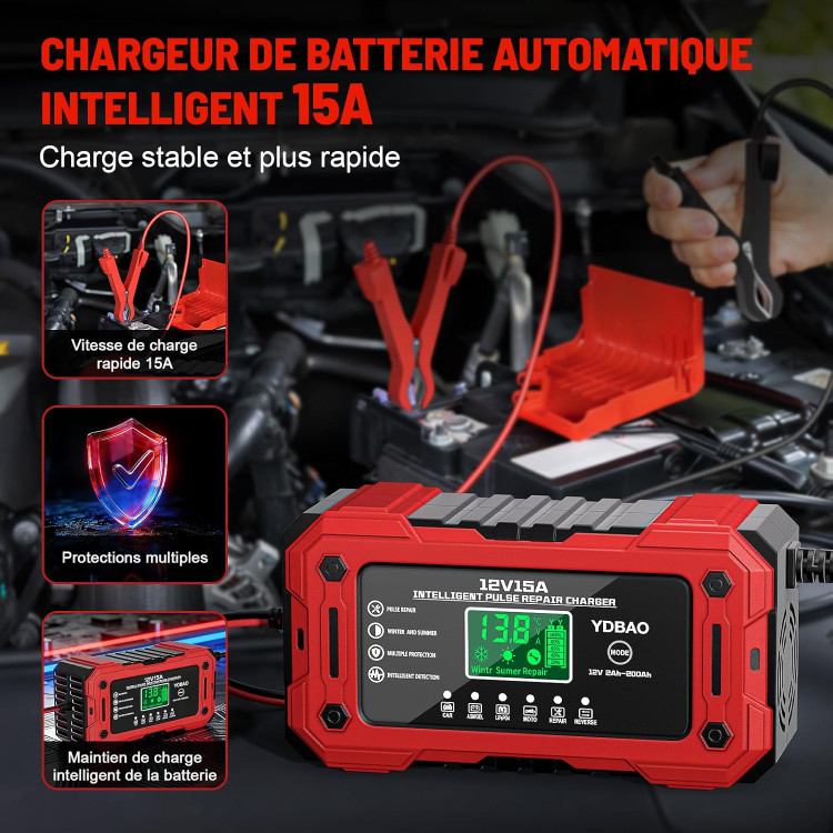 شارژر باتری خودرو YDBAO 15A 12V | پشتیبانی از LiFePO4، AGM و GEL