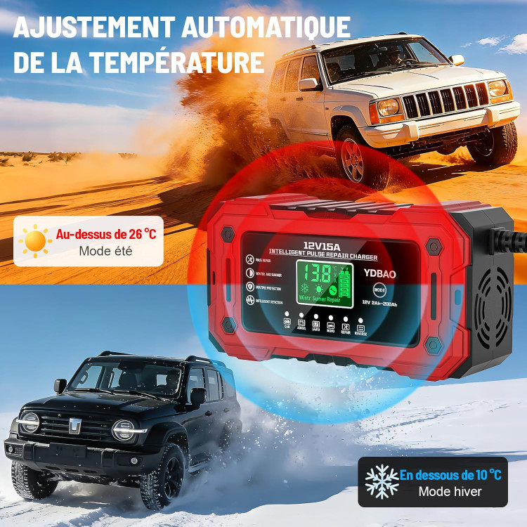 شارژر باتری خودرو YDBAO 15A 12V | پشتیبانی از LiFePO4، AGM و GEL