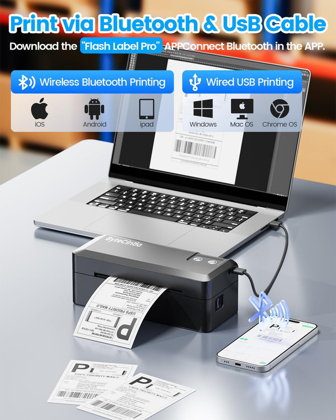 پرینتر حرارتی لیبل پستی ByteCintia – اتصال بیسیم بلوتوث و USB، چاپ سایز 4x6 (100x150 میلیمتر)، ایدهآل برای کسبوکارهای کوچک