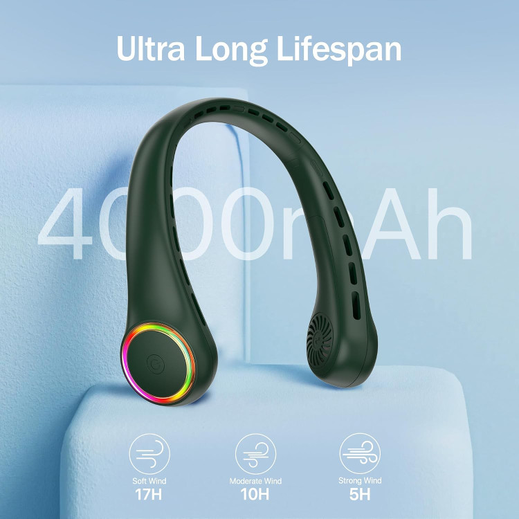 پنکه گردنی ITSHINY - پنکه قابل حمل، بدون پره و مینی USB، قدرتمند و بیصدا با باتری ۴۰۰۰ میلیآمپر ساعتی، دارای ۳ تنظیم سرعت، مناسب برای محیطهای باز، کمپینگ، دفتر کار و اتاق.